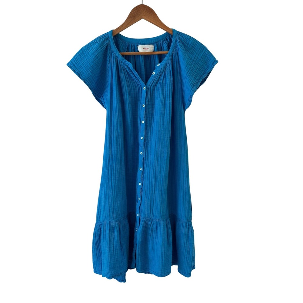 Xirena Jude Cotton Gauze Mini Dress Womens XS Blue Button Front Ruffle Hem Beach